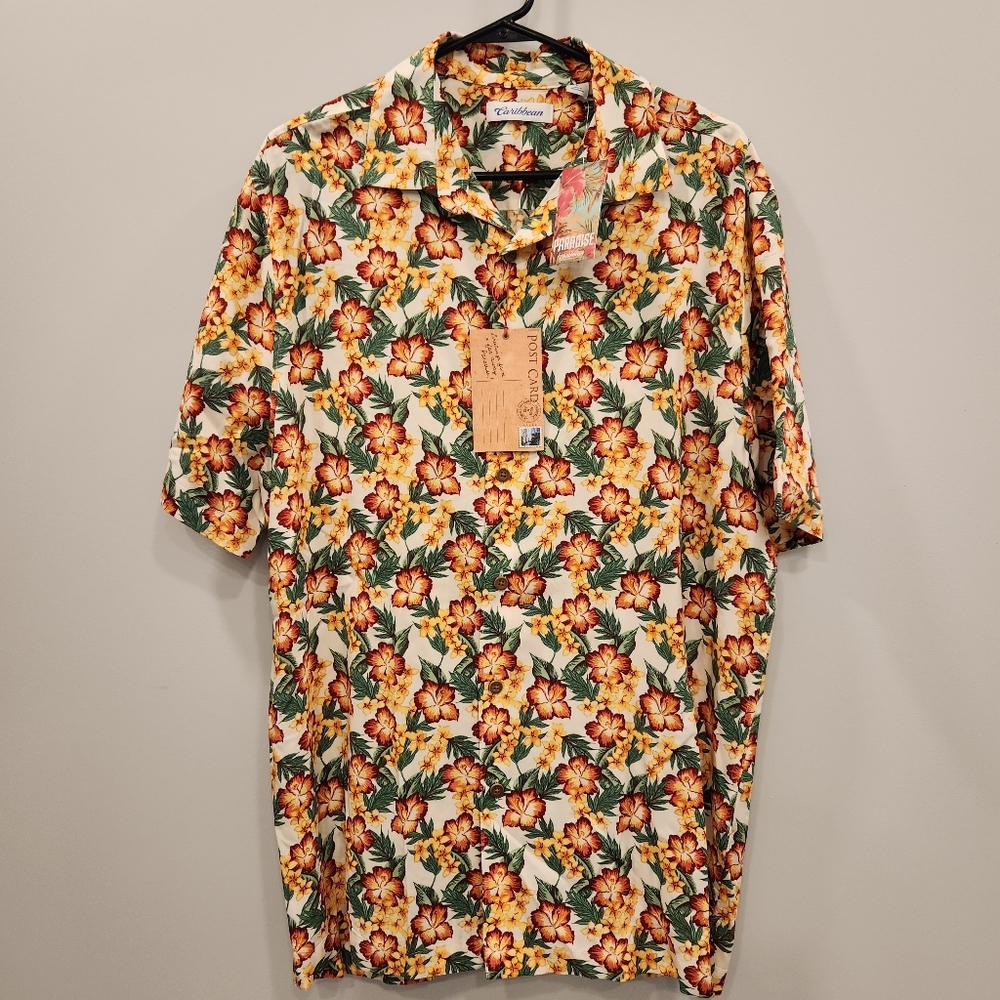 Caribbean NWT Tropical Button Up Collared Short Sleeve Tee Men's Large